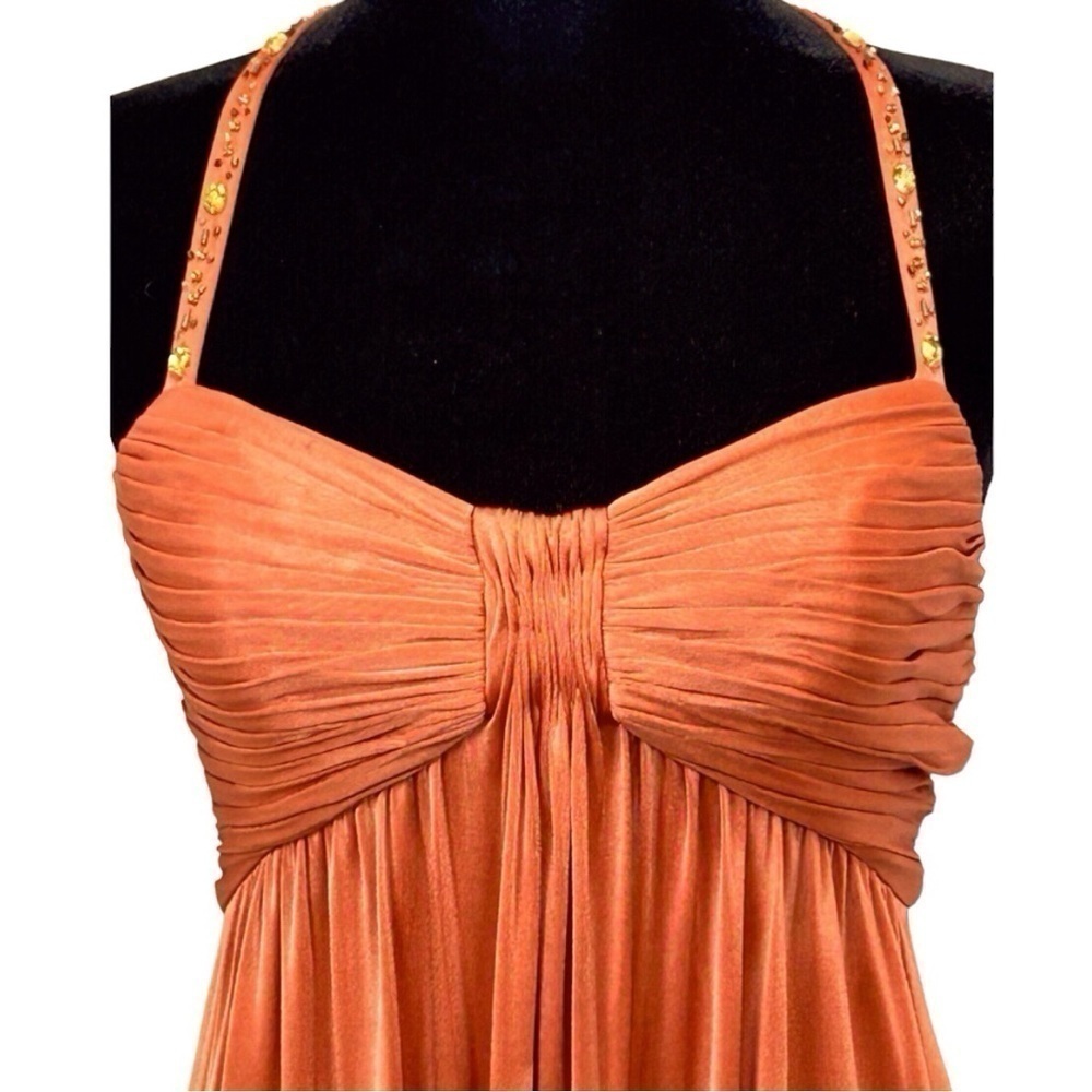 BCBG MAXAZRIA Mini Rust Empire Waist Spaghetti Strap Rhinestone Dress Size-4 EUC - Picture 2 of 8